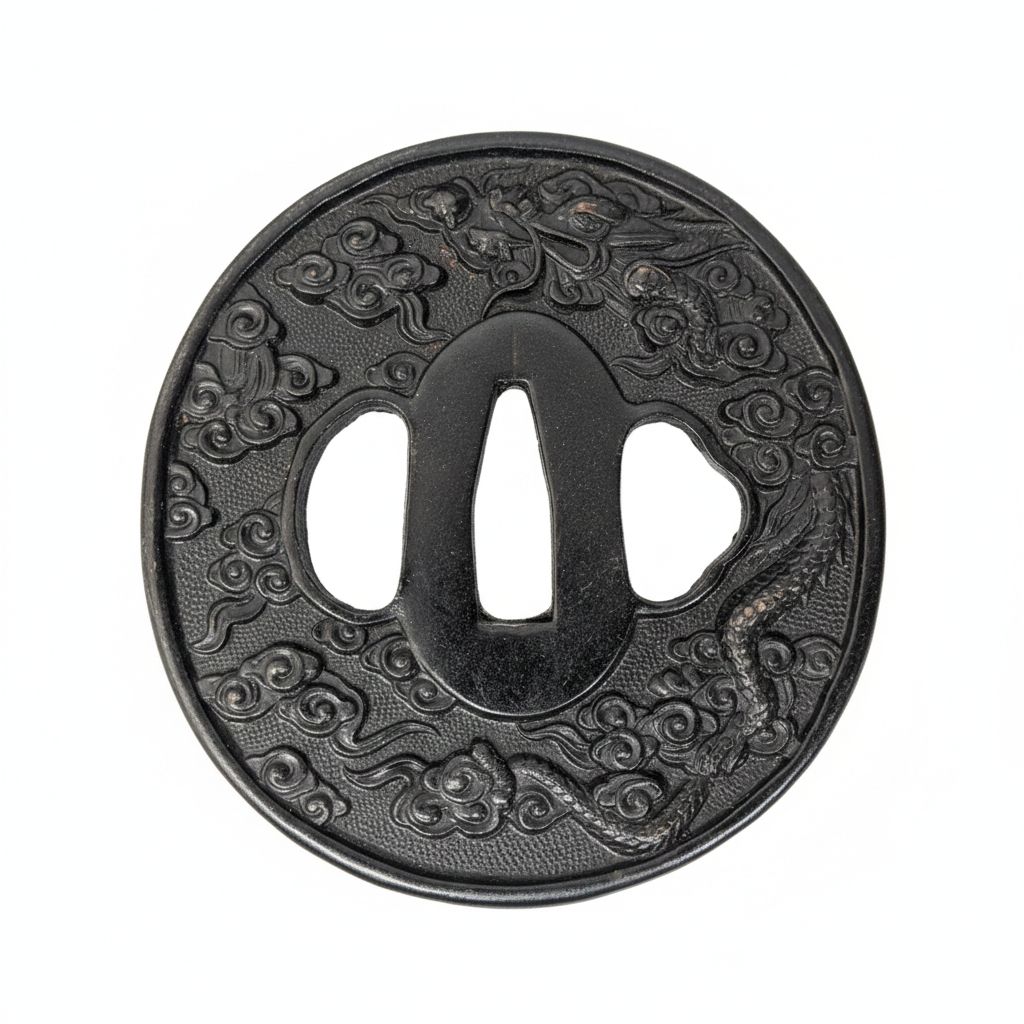 日本刀 鍔（つば）雲龍図 木瓜形 刀装具 時代物 骨董 アンティーク