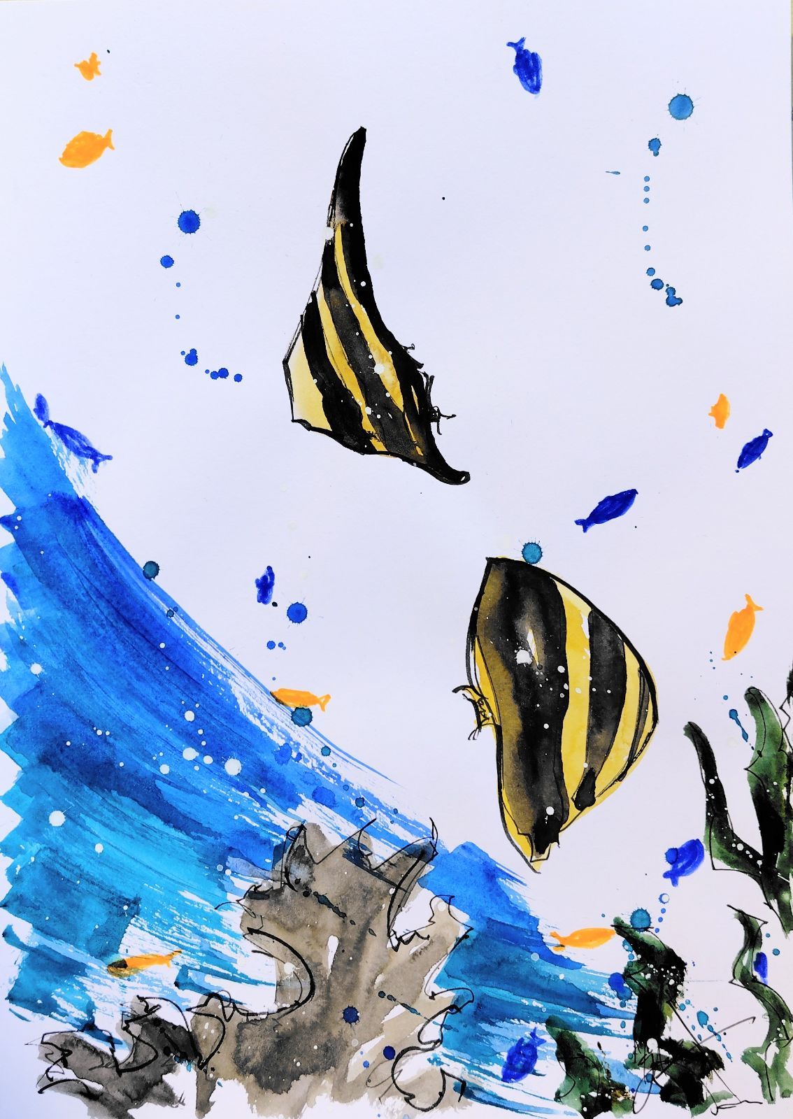 原画#368 魚 地中海 海 水彩画 ドローイング インテリア イラスト