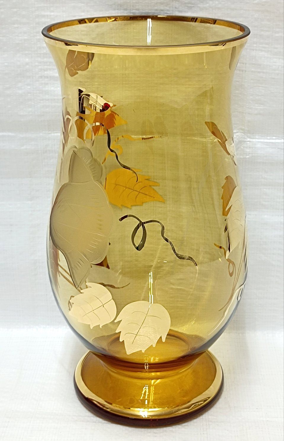 ボヘミアグラス 金彩花紋アンバー花瓶 フラワーベース チェコ製 美品