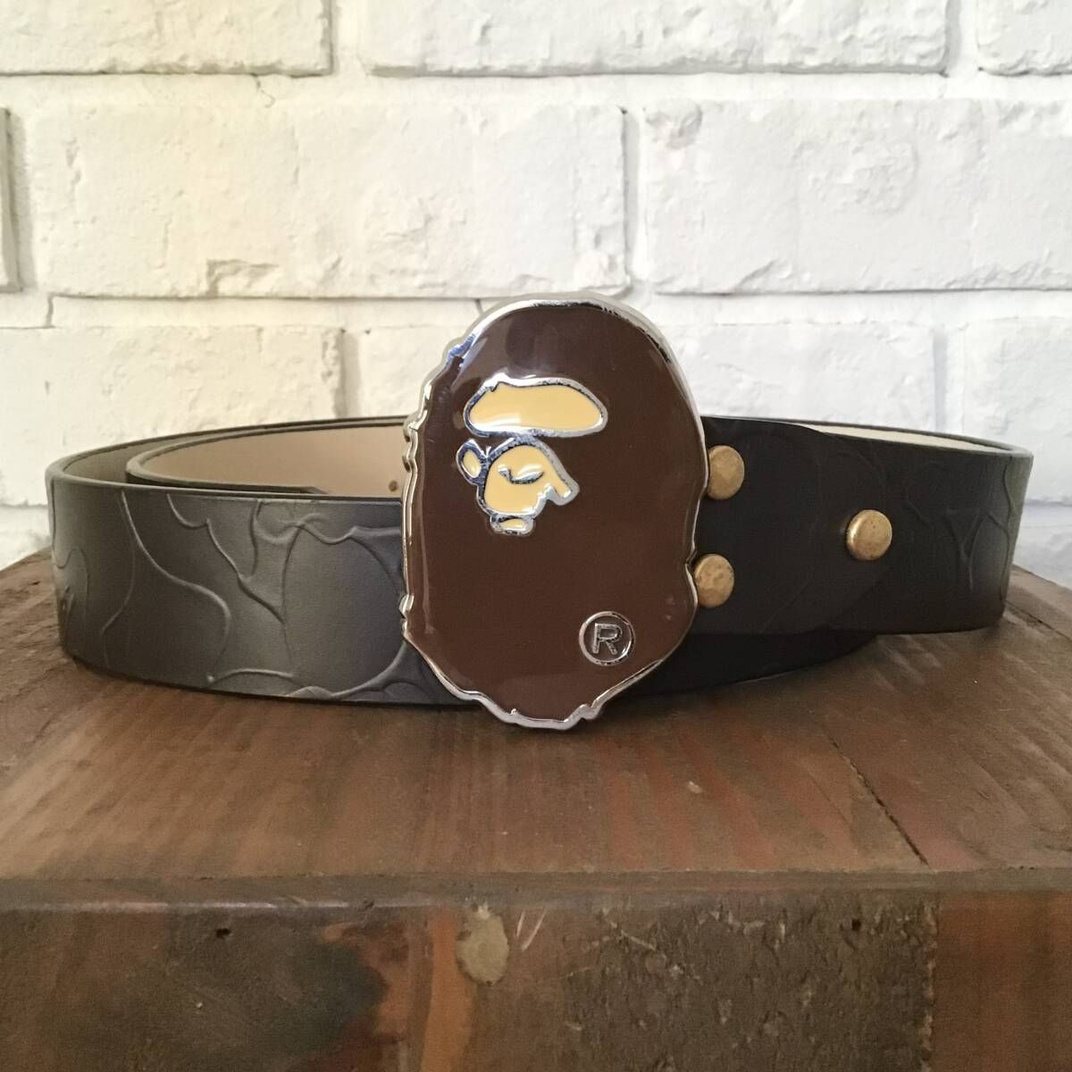 ☆XL☆ APE HEAD バックル BAPE camo 型押し レザー ベルト ブラウン a