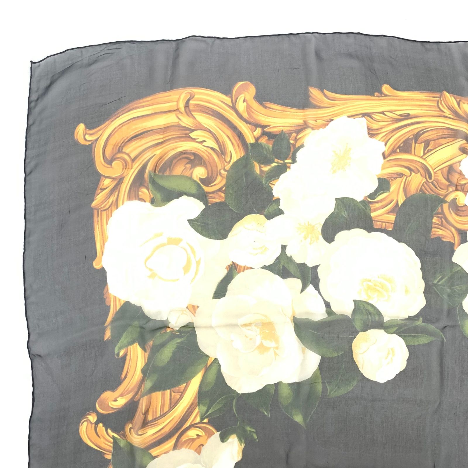 シャネル 大判 シースルー スカーフ ストール カメリア 花柄 ブラック