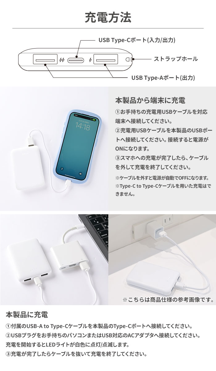 薄型コンパクトモバイルバッテリー 5000mAh Type-C入出力対応(ホワイト)