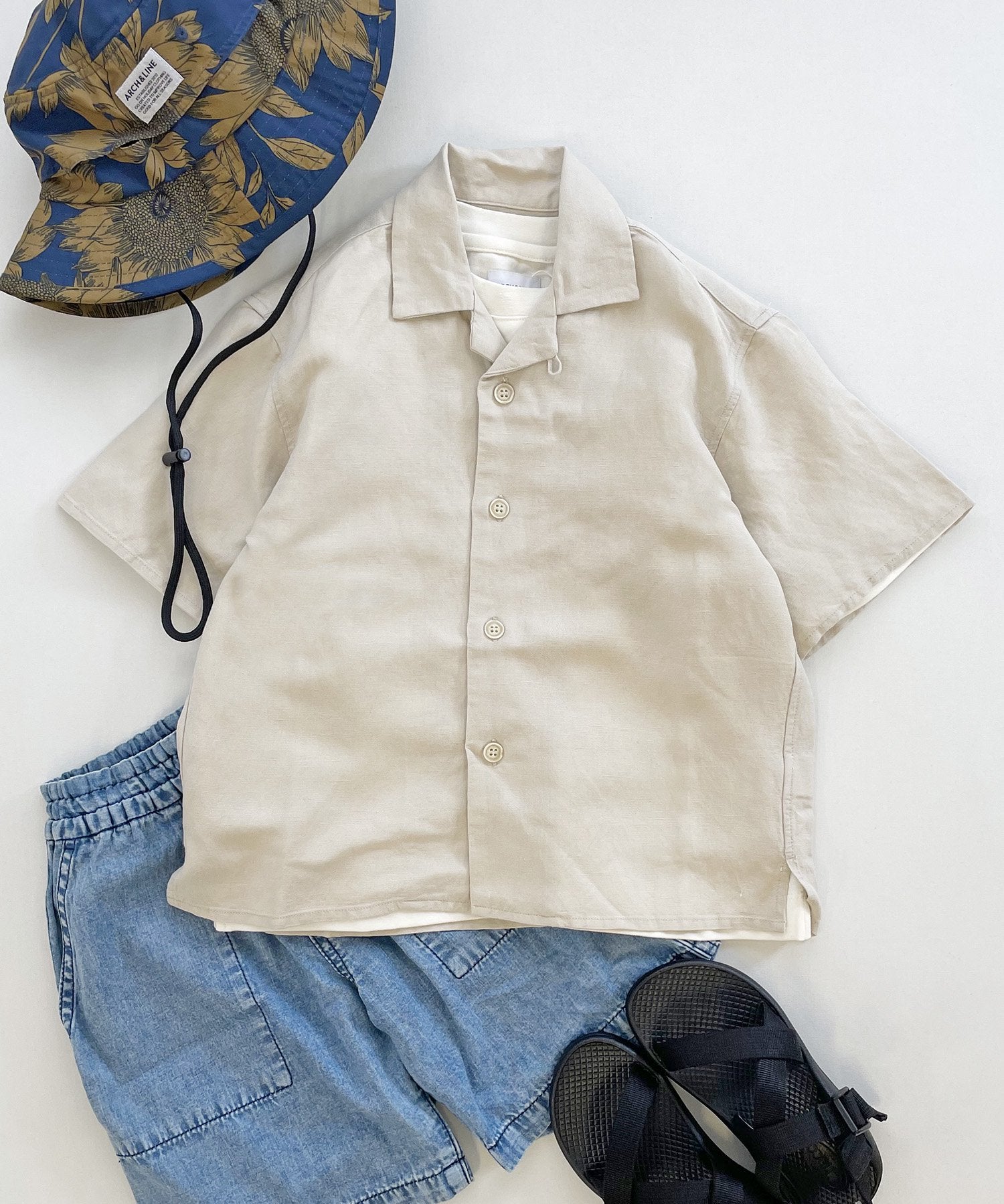 環境配慮素材》LINEN/RAYON OPEN COLLAR SHIRT 接触冷感 オンオフ兼用