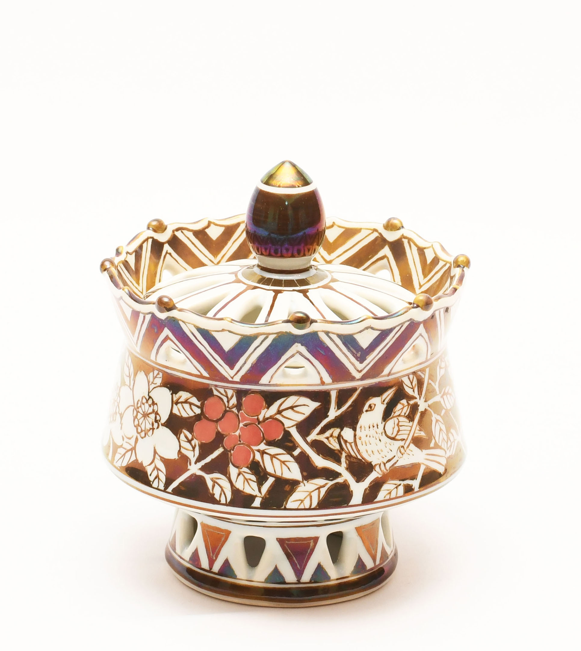 七代加藤幸兵衛『 ラスター彩 花鳥文香爐』 | 陶芸作品（作家特選