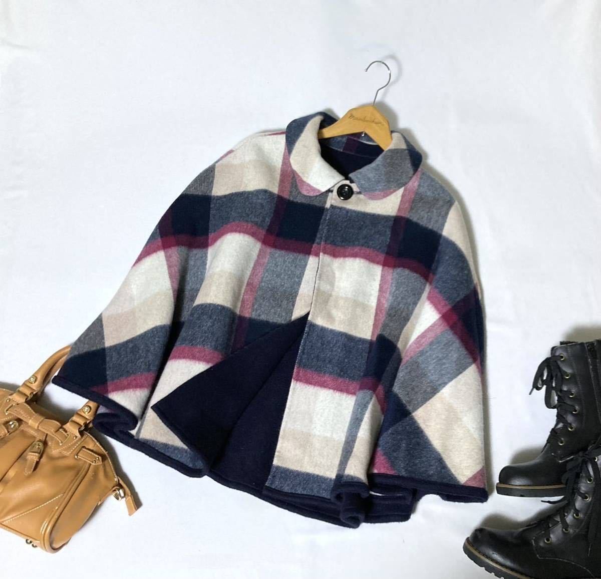 BLUE LABEL CRESTBRIDGE ポンチョ ネイビー チェック柄 人気✨ブルー