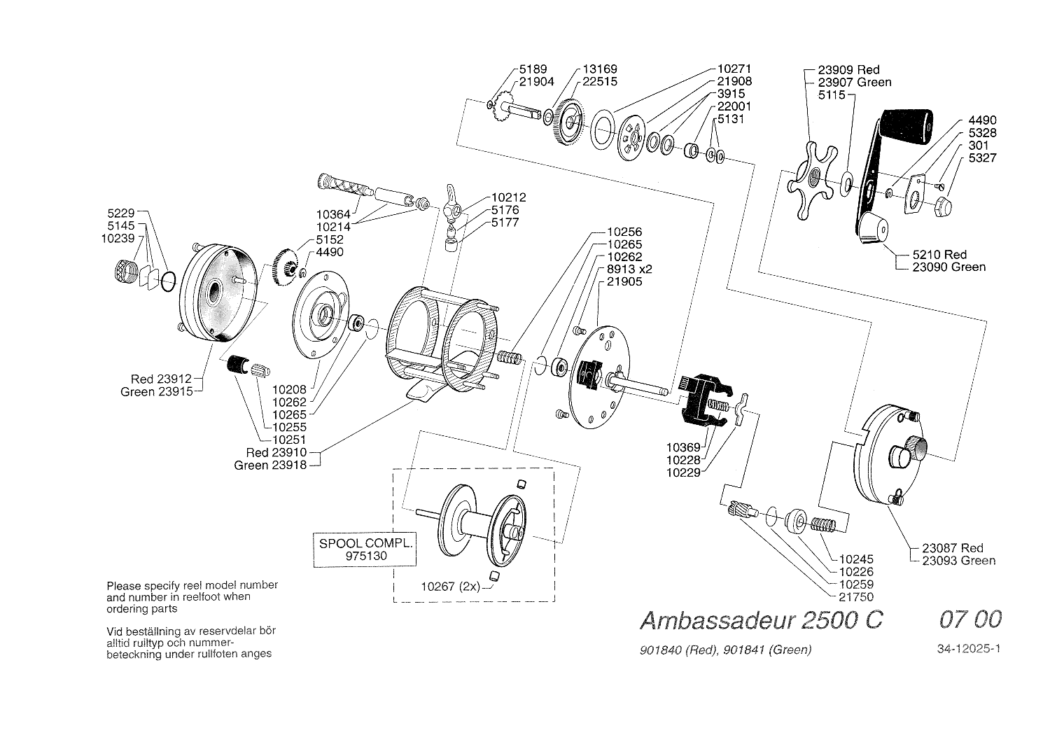 ABU Garcia ambassadeur 2500Cグリーン2500Cパーツ 部品番号図の紹介