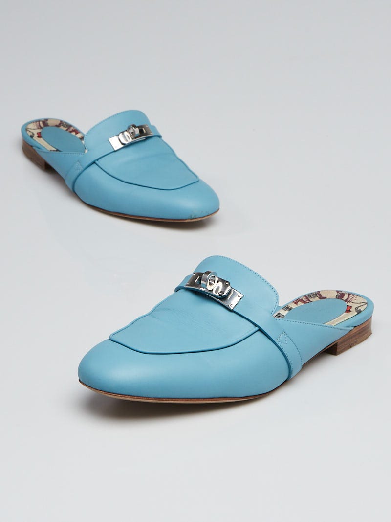 Hermes Ciel Blue Calfskin Leather Palladium Plated Oz Mules Size 7