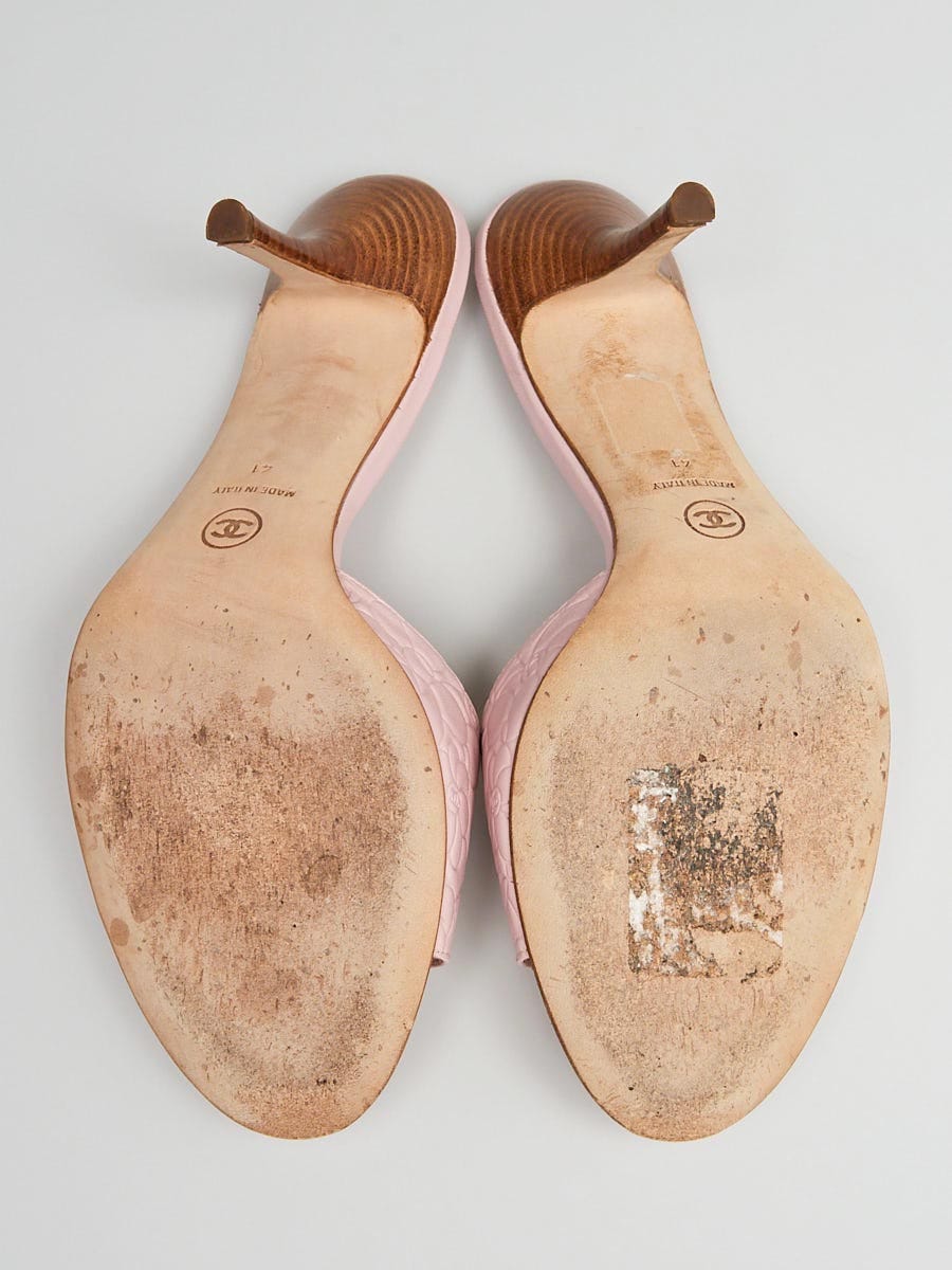 Chanel Pink Camellia Embossed Leather Open Toe Mule Sandals Size
