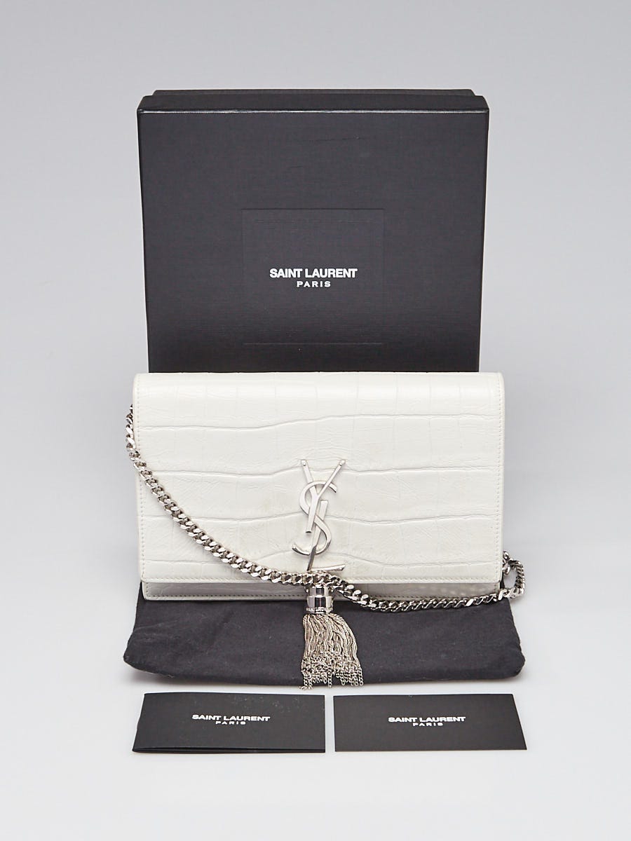 Yves Saint Laurent White Croc Embossed Leather Kate Tassel Wallet