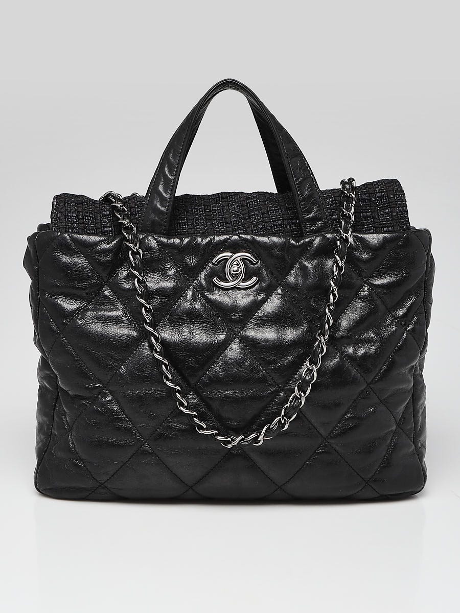 Chanel Black Glazed Quilted Leather and Tweed Portobello Large