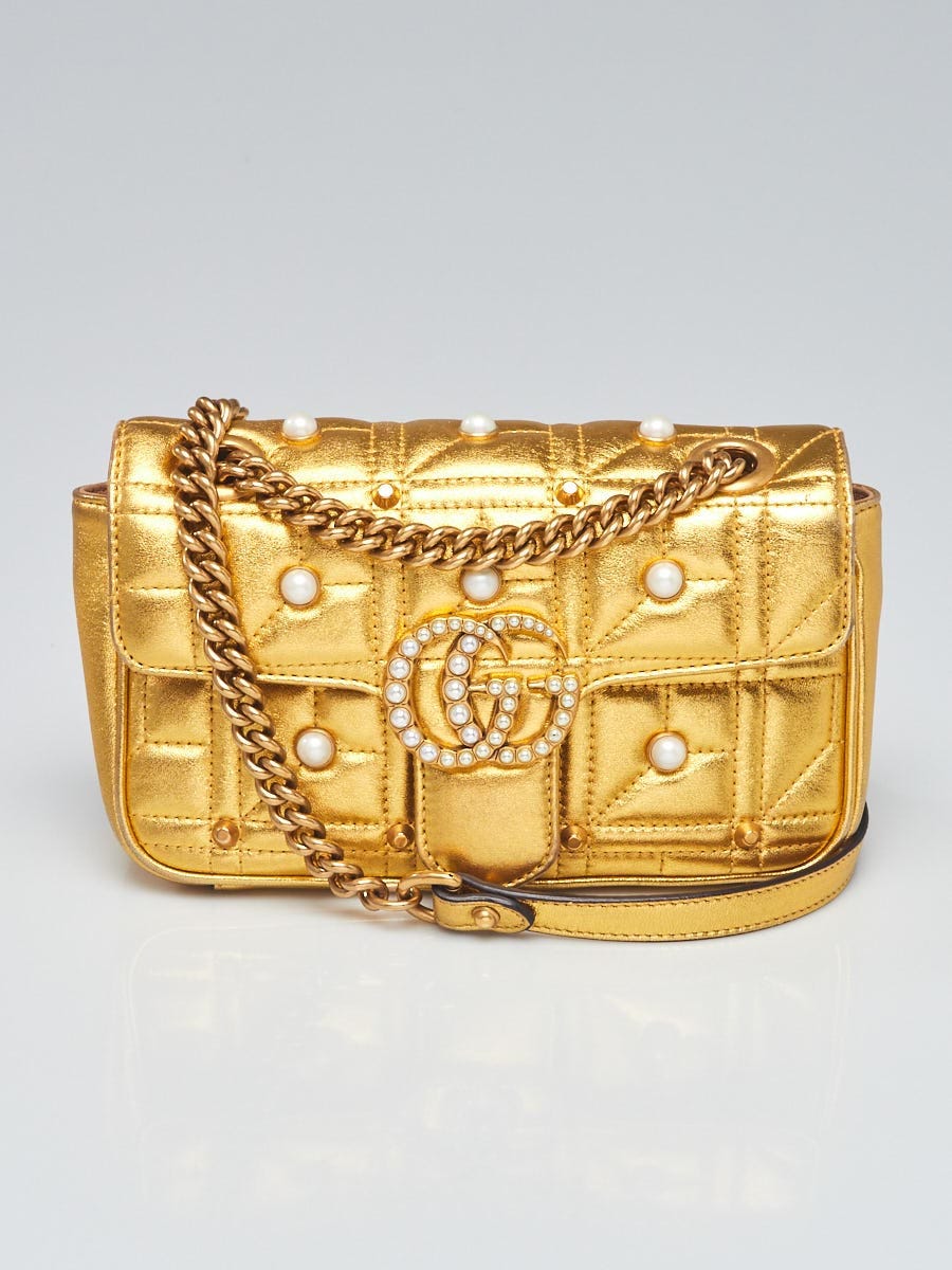 Gucci Gold Quilted Leather and Imitation Pearl 2.0 Marmont Mini