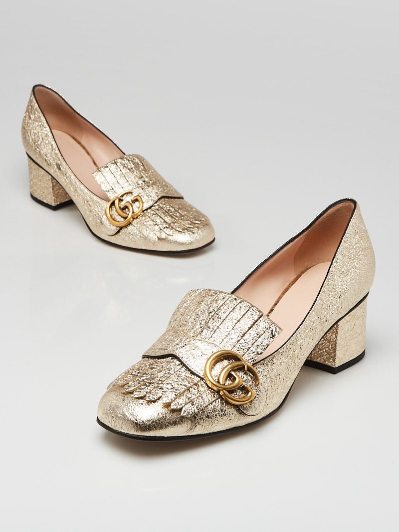 Gucci Gold Textured Leather Marmont Mid Heel Loafers Size 8.5/39