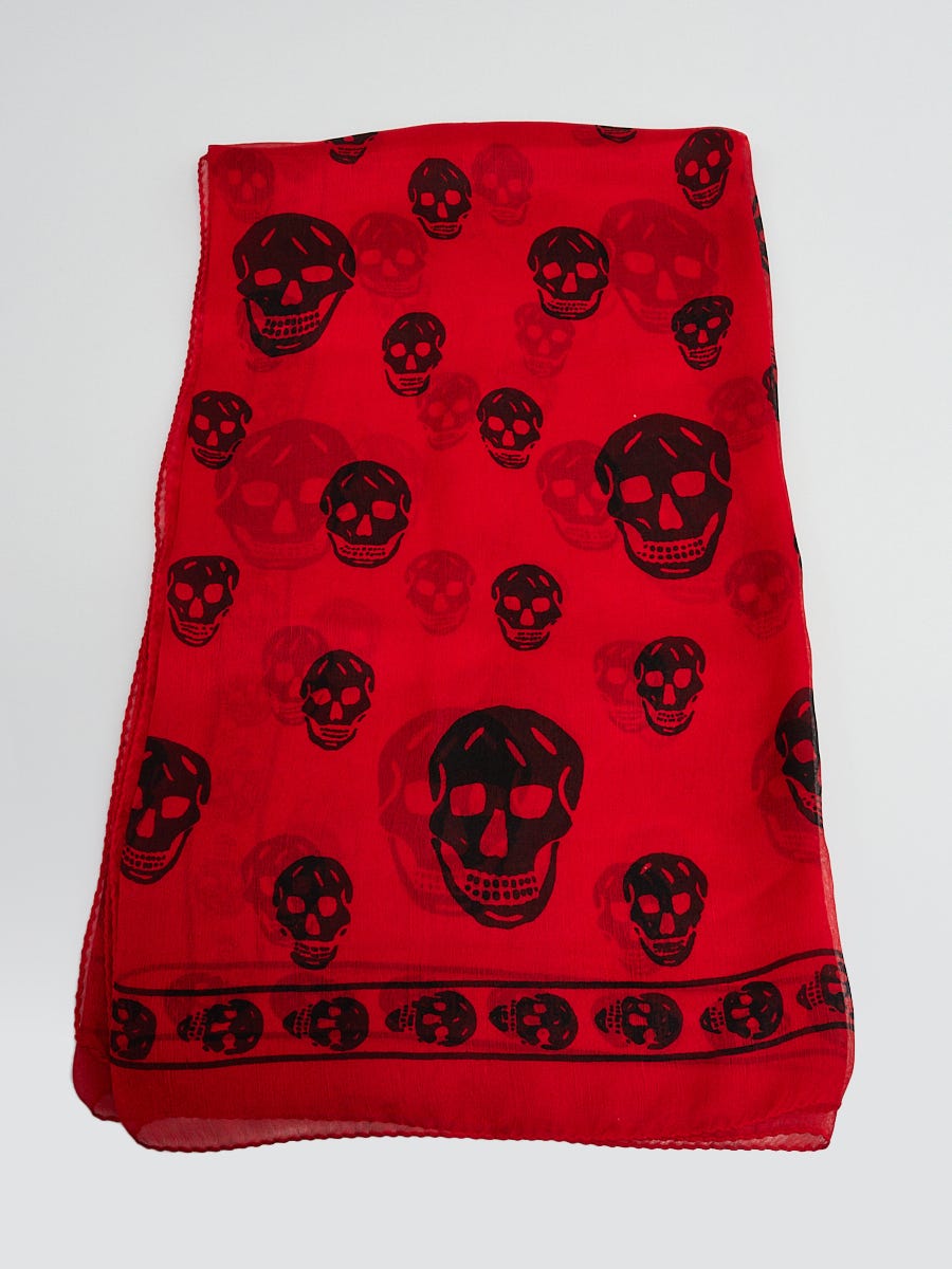 Alexander McQueen Red/Black Silk Chiffon Classic Skull Scarf