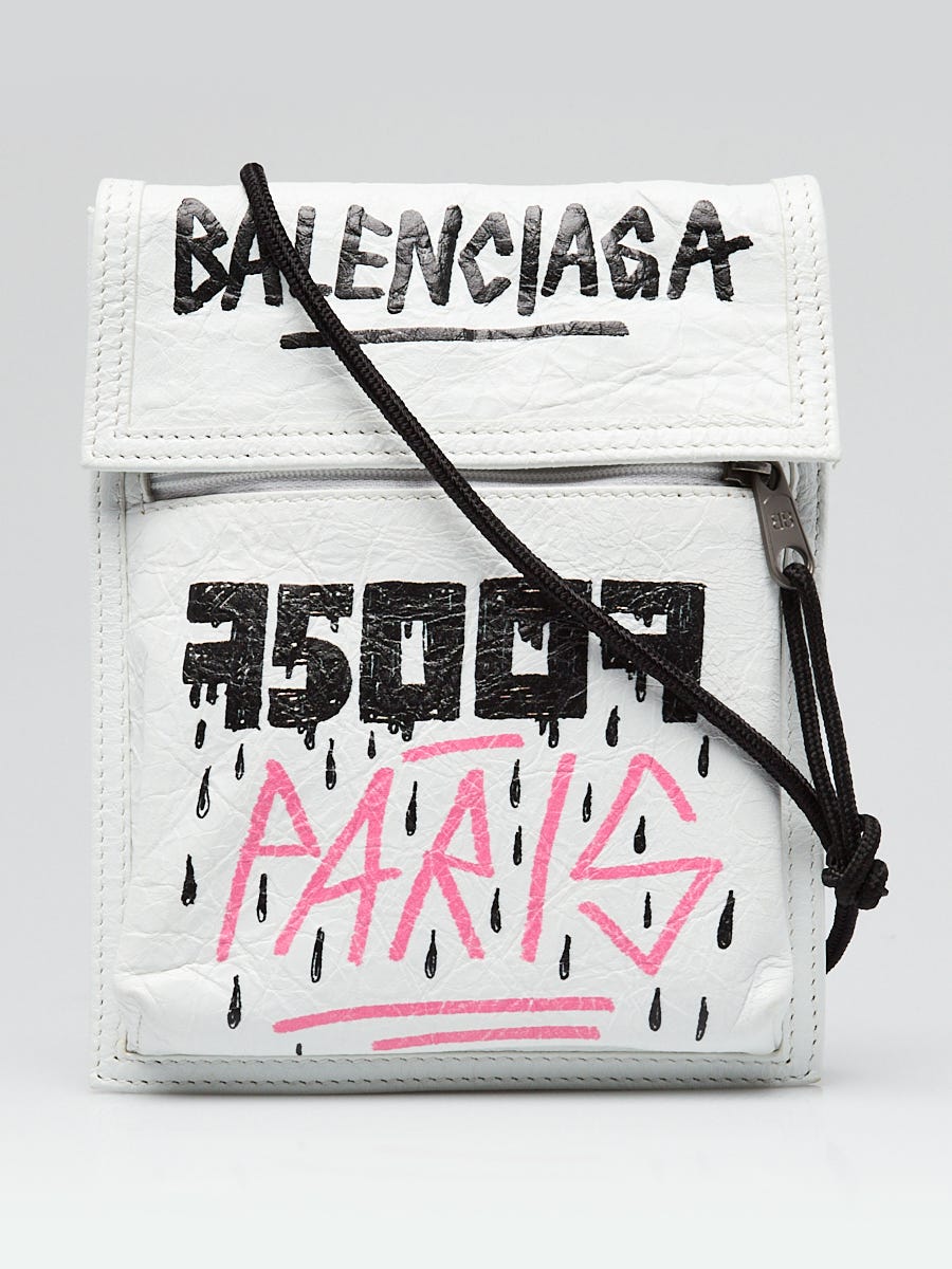 Balenciaga White Leather Graffiti Explorer Pouch Crossbody Bag