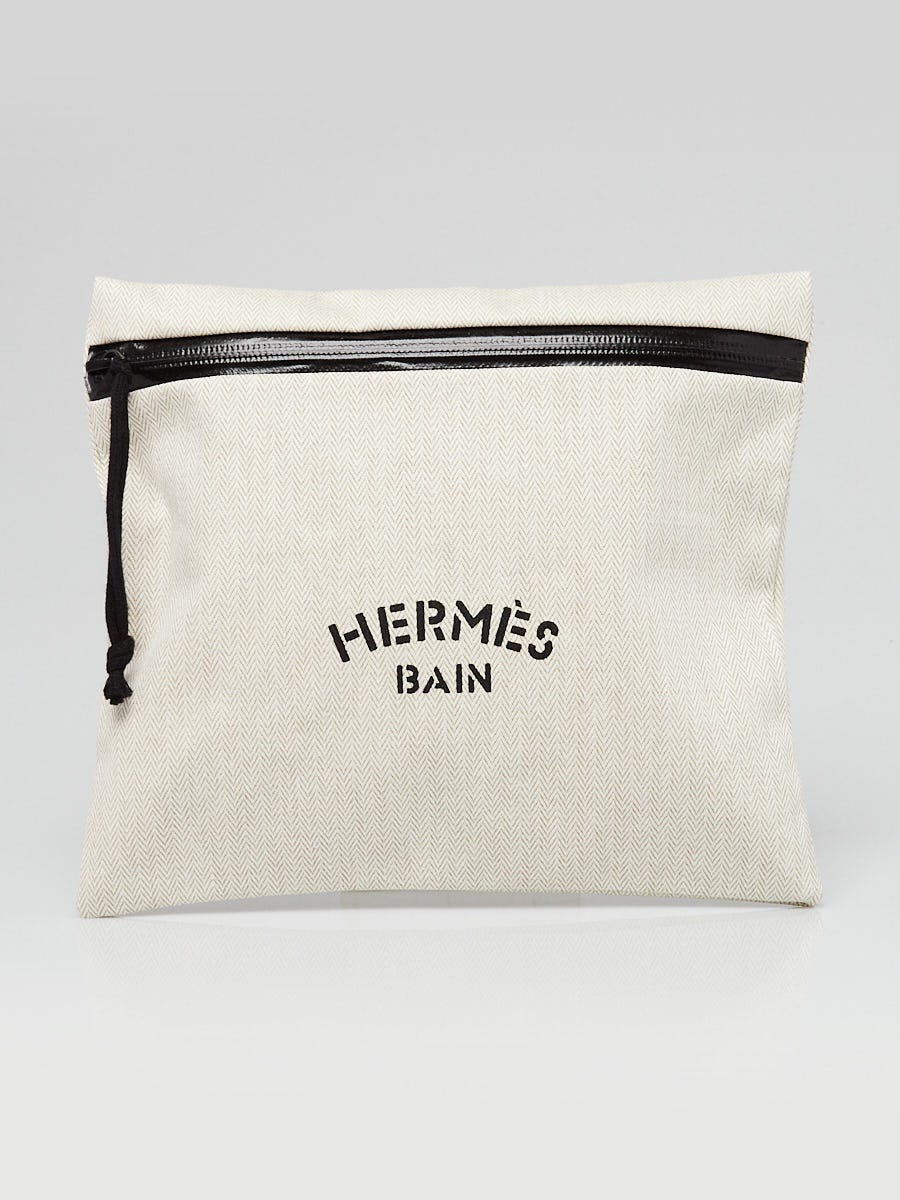 Hermes Beige Herringbone Canvas Bain Toiletry Pouch | Yoogi's Closet