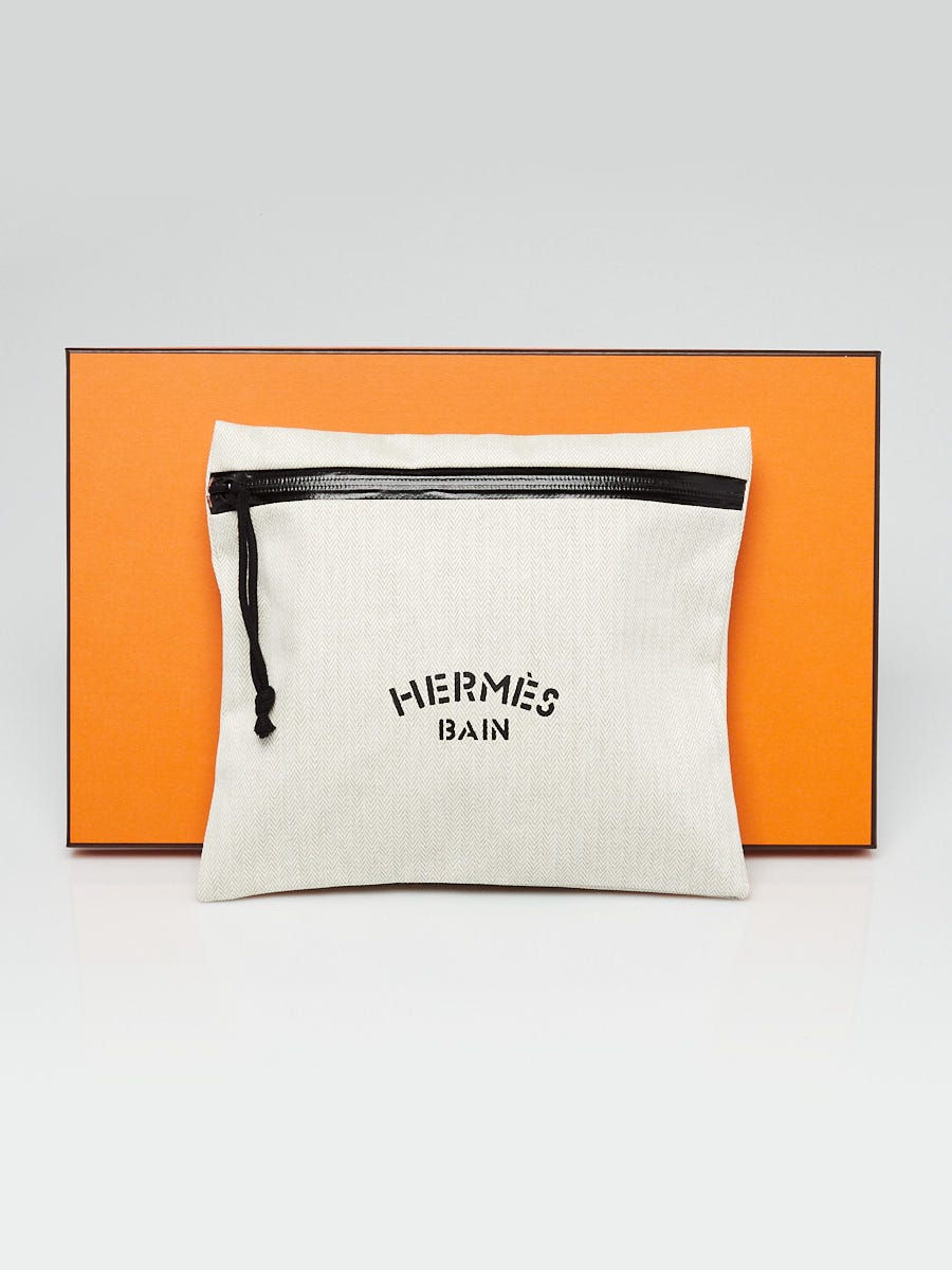Hermes Beige Herringbone Canvas Bain Toiletry Pouch | Yoogi's Closet