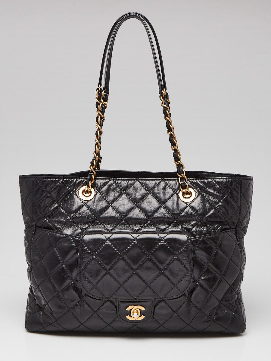 Chanel Black Quilted Glazed Leather Front Pocket Large Tote Bag