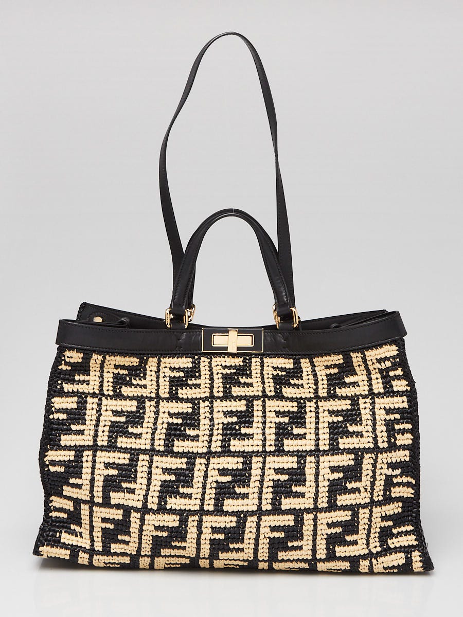Fendi Beige/Black Raffia Peekaboo FF X-Lite Tote Bag - 8BH374