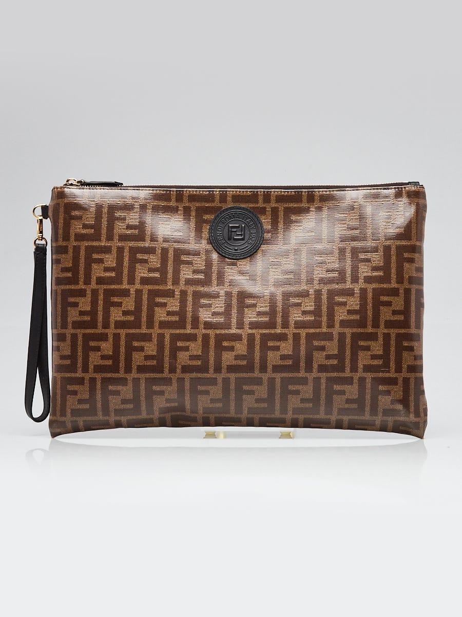 Fendi Brown Monogram Coated Canvas FF Large Flat Wristlet Pouch