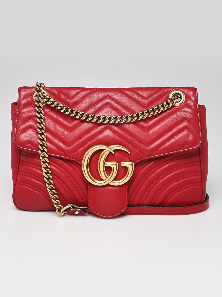 Gucci Red Quilted Leather GG Marmont Medium Matelasse Shoulder Bag