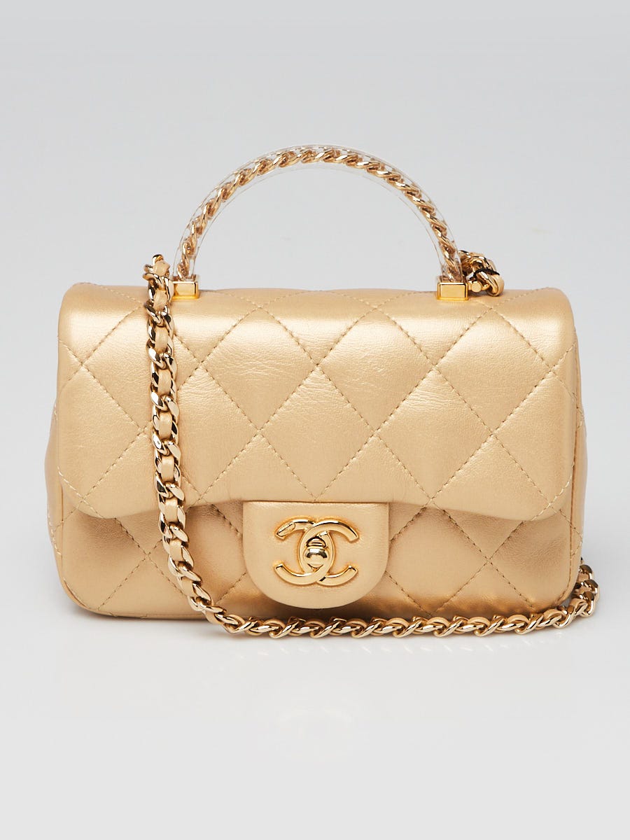 Chanel Gold Quilted Lambskin Leather Resin Top Handle Flap Phone