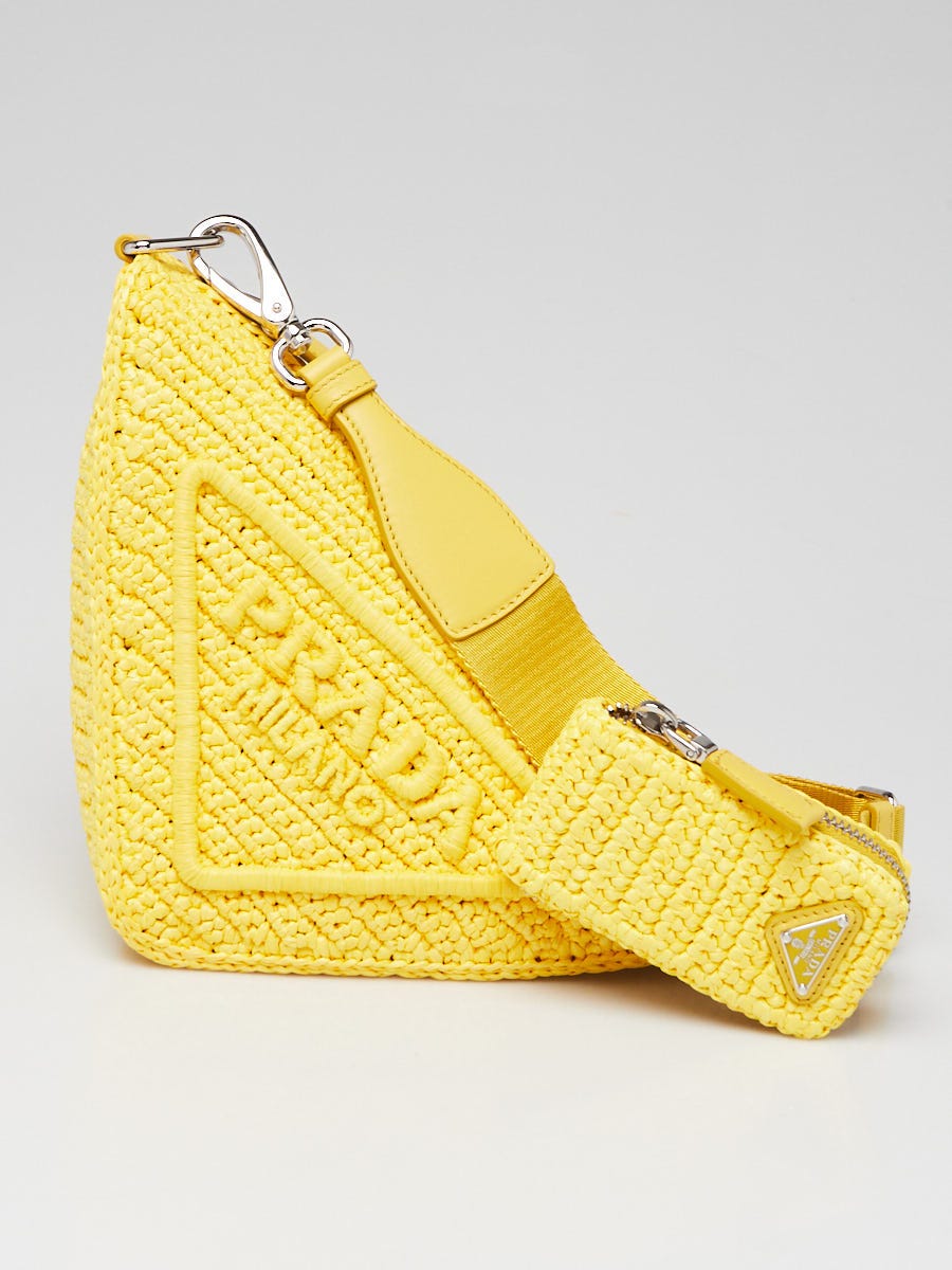 Prada Yellow Raffia Triangle Logo Crossbody Bag | Yoogi's Closet
