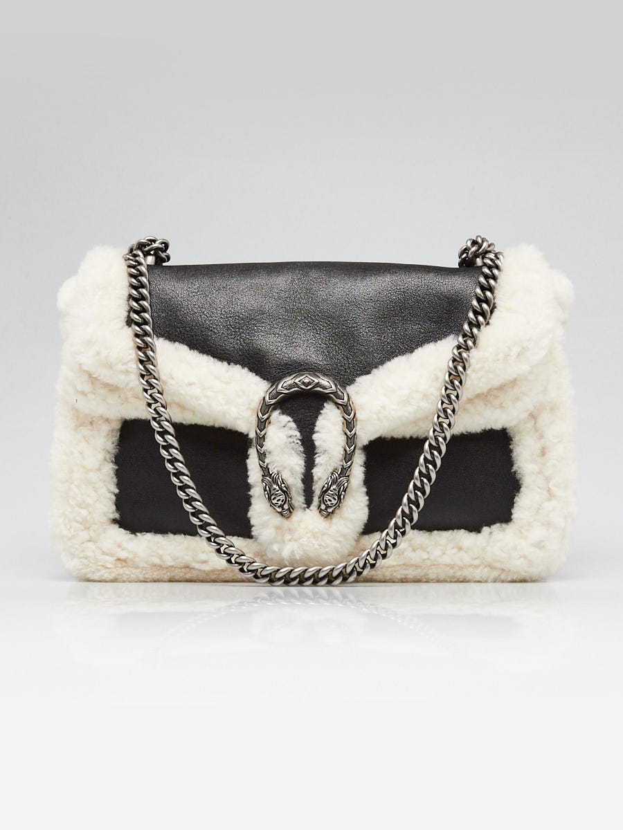 Gucci Black Leather and Shearling Dionysus Medium Shoulder Bag