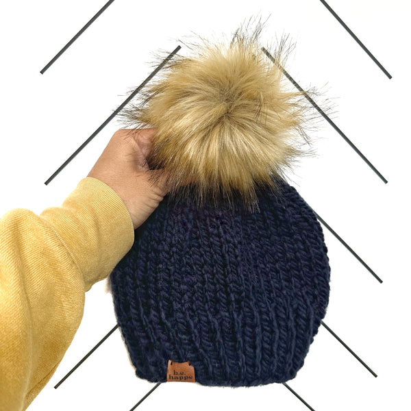 Adult Knit Pom Hat | Navy Blue Beanie | b.e.happe