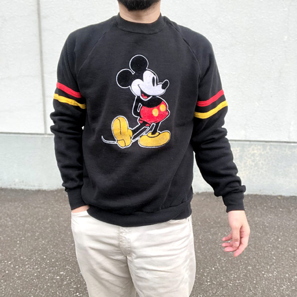 80's/USA製/オールド ミッキー/スウェット/黒【M位】フロッキー