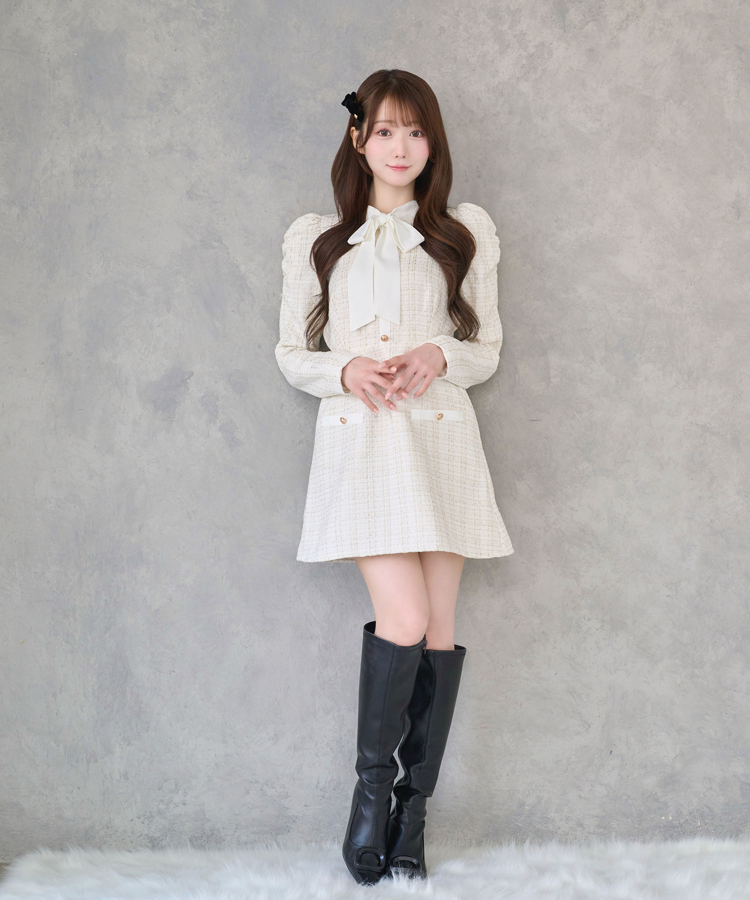 Ribbon trim tweed mini onepiece エムエメ Ribbon trim tweed mini