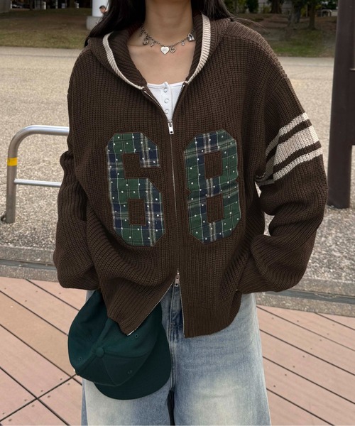 セール】ラインストーンアップリケジップニットパーカー（ニット