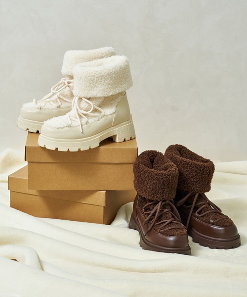セール】防寒 ふわふわ 厚底 ボアレースアップショートブーツ/51419