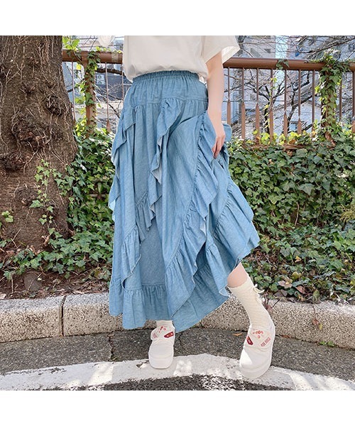 PINK HOUSE（ピンクハウス）の「フリルデニムスカート（デニムスカート