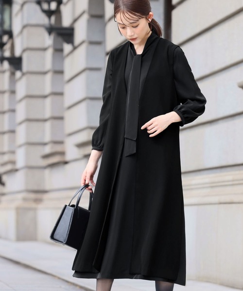 セール】【喪服・礼服】ロングジレ ボウタイフレアワンピース セット