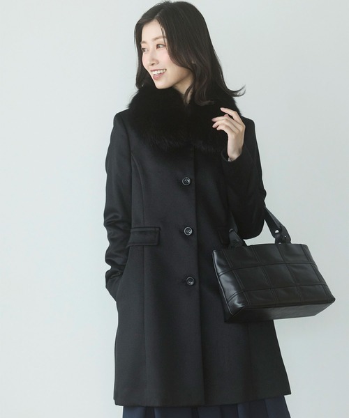 カシミヤ100％コートフォックスファー襟付き（ステンカラーコート