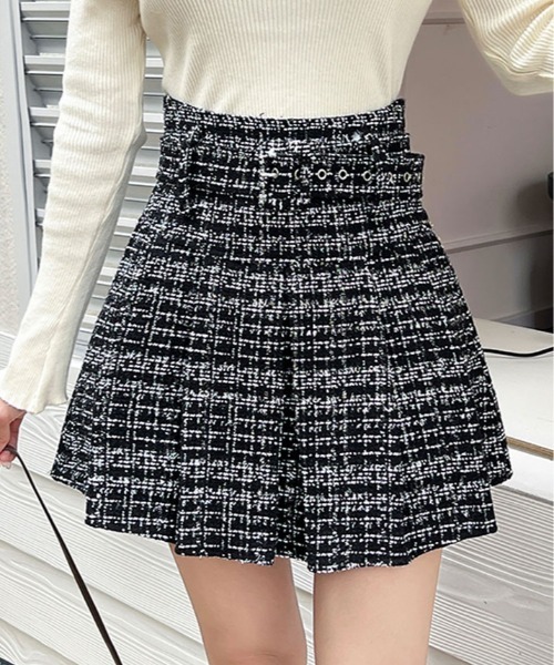セール】ベルト付き ツイード プリーツ ミニスカート（スカート