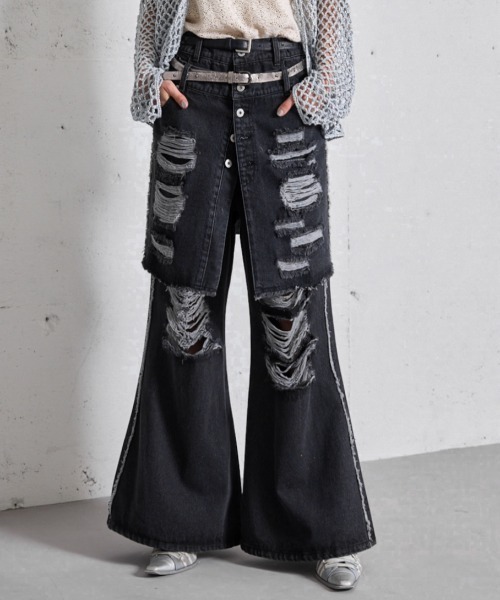 seyto（セイト）の「Damege layered flare denim pants / ダメージ