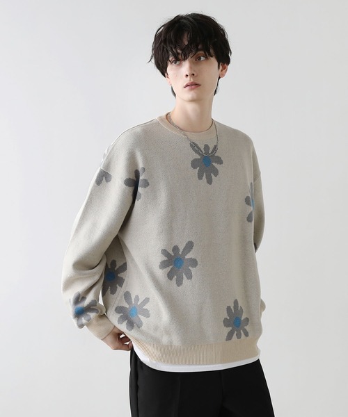 Buyer's Select/ビックシルエットフラワー柄ダブルジャガードクルー