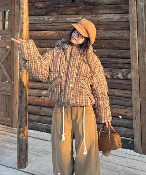 セール】チェック柄フード付き中綿ジャケット（ダウンジャケット