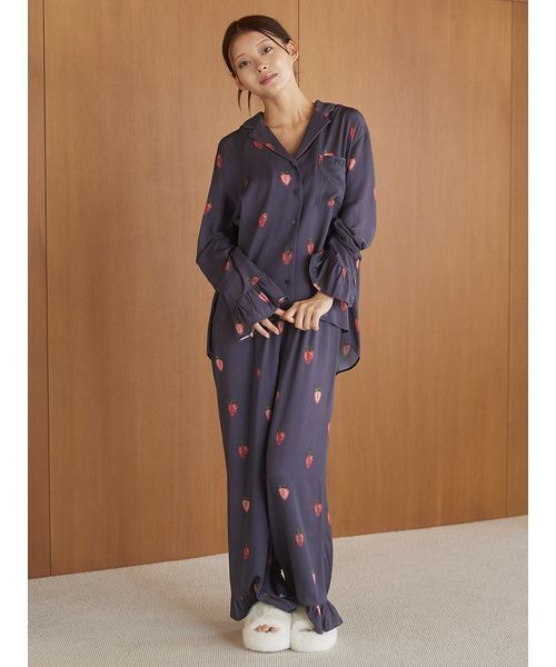 セール】ストロベリー柄ツイルロングパンツ（ルームウェア/パジャマ