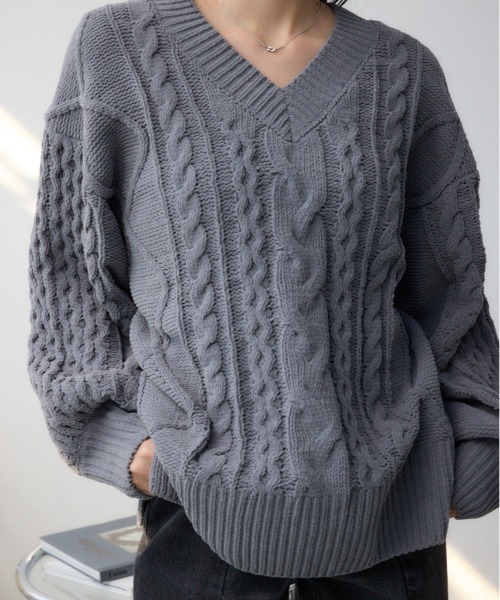 セール】シェニールケーブルVネックロングニットトップス（ニット