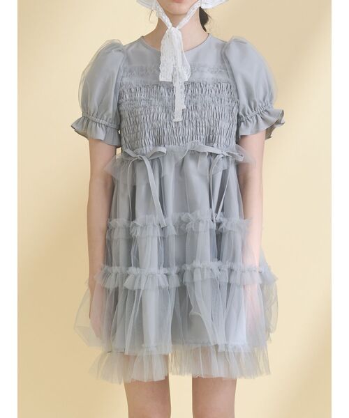 セール】チュールパフスリーブミニワンピース（ワンピース）｜merry