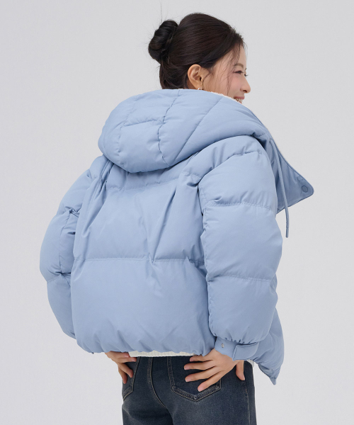女性ボアフードプファージャケット-ブルー（ダウンジャケット/コート