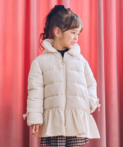 セール】【フード取り外し/洗濯機可能】中綿フリル リボンコート