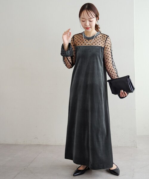 セール】【オケージョン】フロッキードットベロア切替ワンピース
