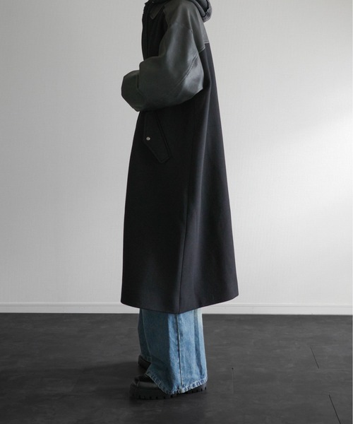 Super 120's Lamb wool Combination Long Balmacaan Coat - Super120's
