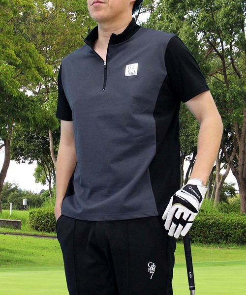 セール】ハーフジップポロシャツ ゴルフウェア 半袖 接触冷感 シルバー
