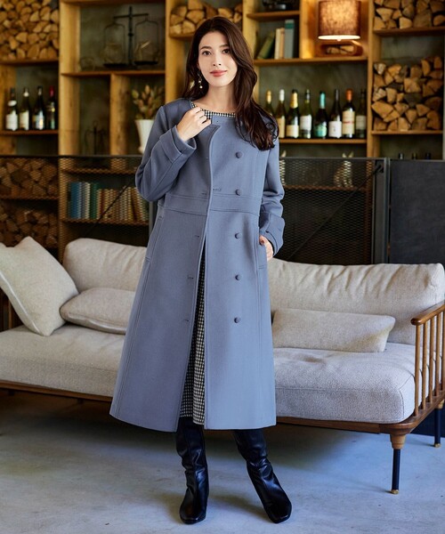 ウール95%】ノーカラー包みボタンAラインコート（ノーカラーコート