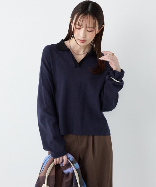 セール】SHIPS Colors:〈手洗い可能〉スキッパー ニット × スカート