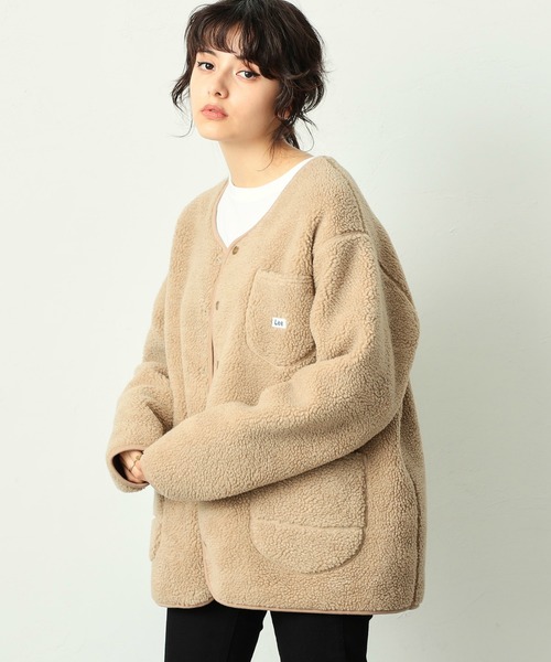 ポリプロイド エルボーパッチ ノーカラーボアジャケット カーディガン